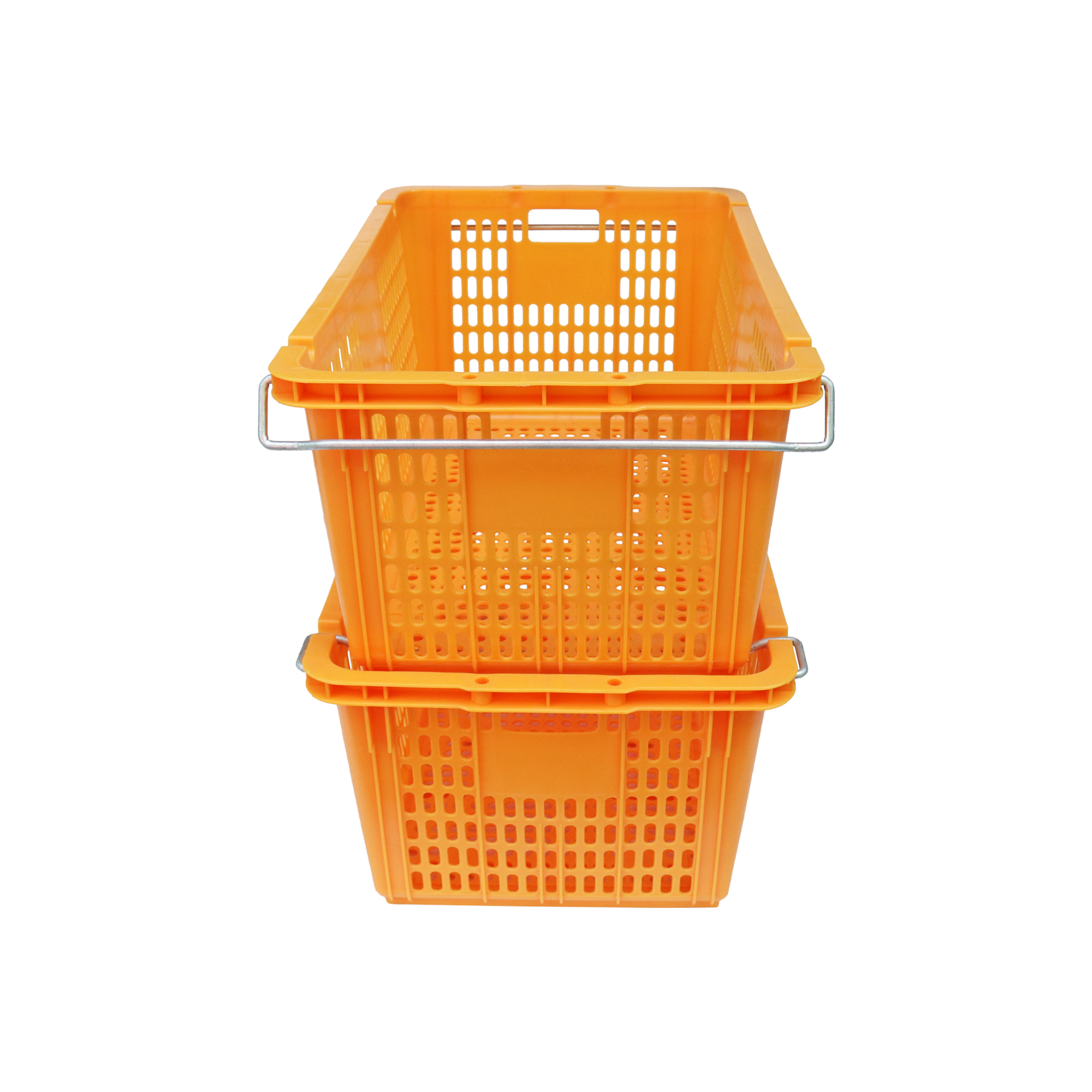 QS Hot Sale Blue Plastic Turnover Basket Storage Crate with Side Metal Handle and Holes for cloth