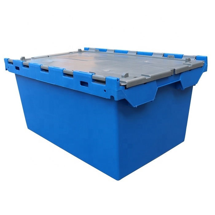 QS Heavy Duty Logistics Storage Stack Nest Turnover Tote Bins Plastic Moving Crate with Lid 80L Rectangle Solid Wall Large Box