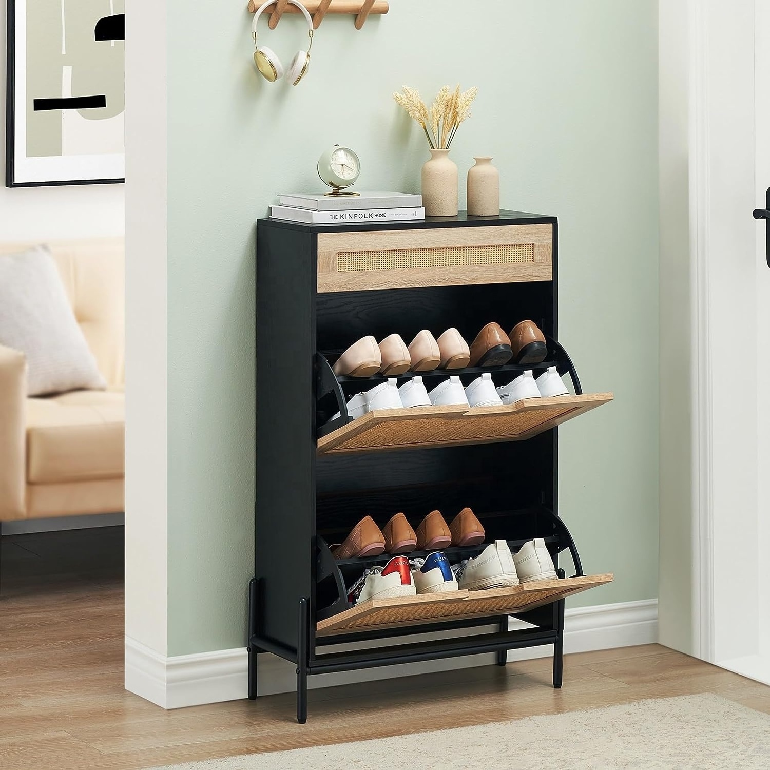 wooden pull out shoe cabinet with rattan design door black shoe rack for living room, bedroom,outdoor