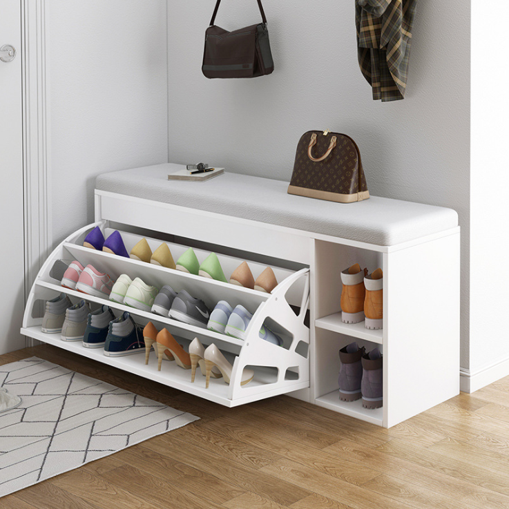 Home corner storage melamine wood shoe cabinet shoe bench with drawers and padded seat cushion for entryway