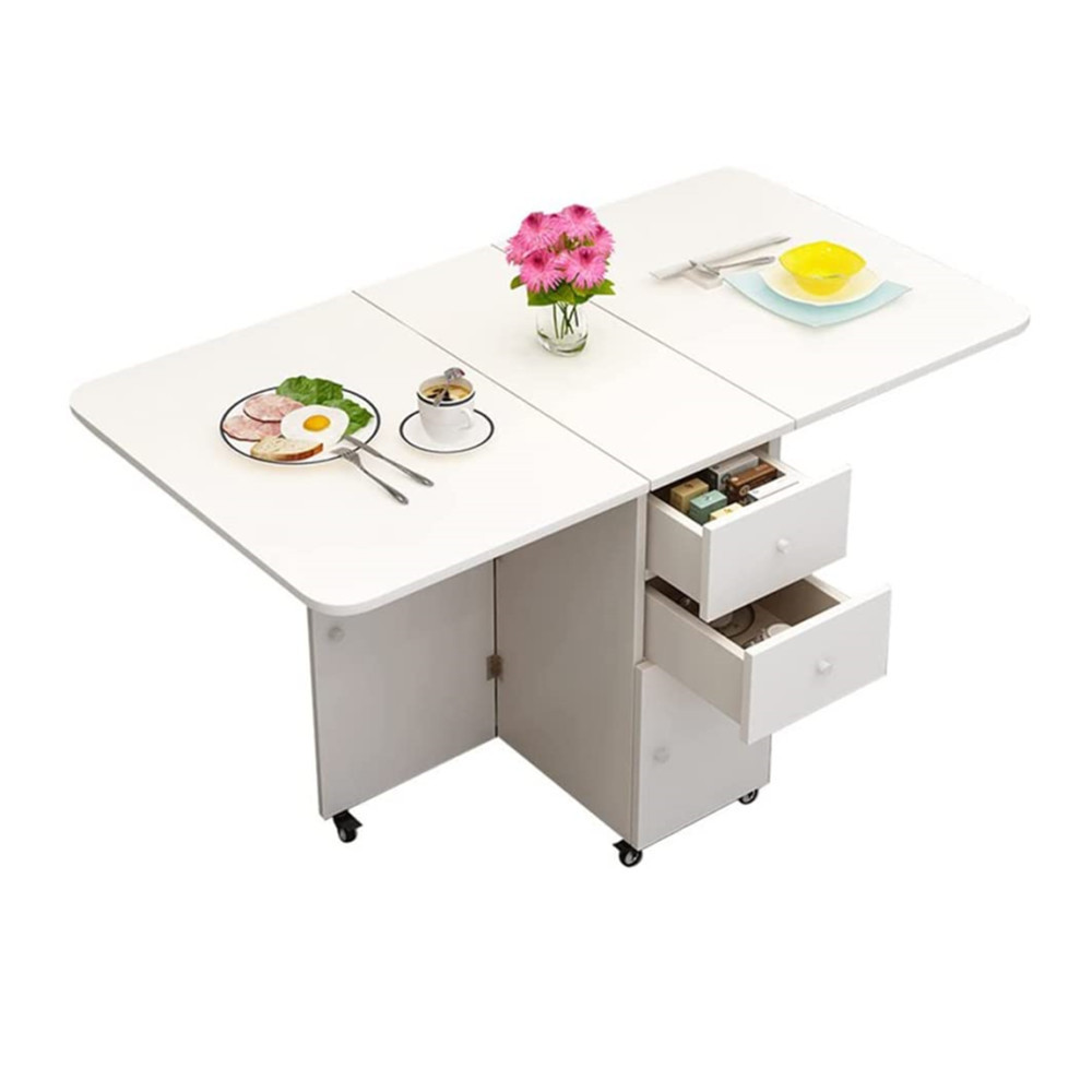 Modern Multifunction Wood White Table Pedestal Dining Table Foldable Kitchen Table Cabinet With Drop Leaf and Caster