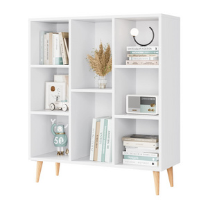 Household living room floor display side cabinet open shelf storage organizer veneer wooden white bookcase with legs for sale