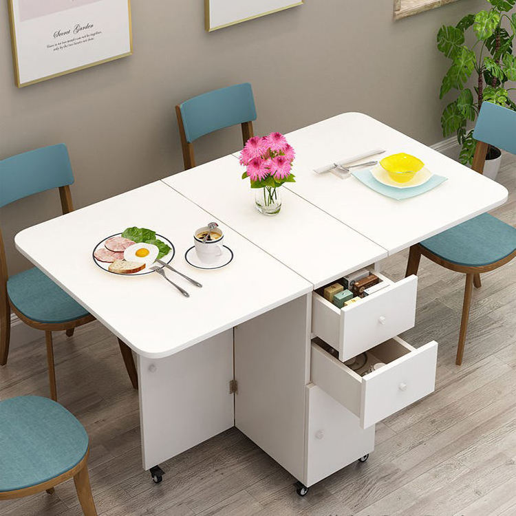 Modern Multifunction Wood White Table Pedestal Dining Table Foldable Kitchen Table Cabinet With Drop Leaf and Caster