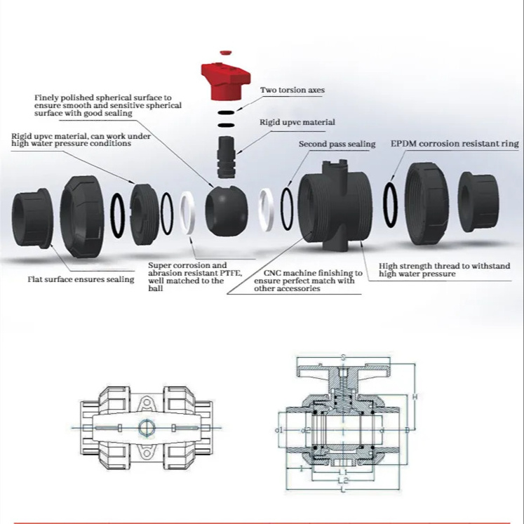 Plastic Valves Factory  Black and White Body Customized PVC Ball Valve Hot sale 1/2