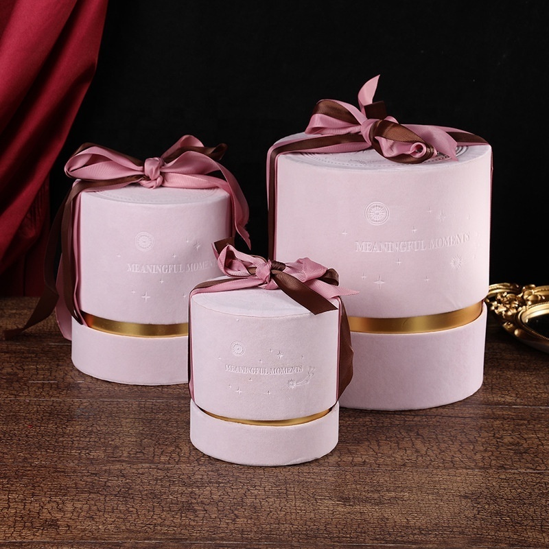 Luxury Invitation Velvet Candy Door Small Favors Gift Box Mini Round Honey Wedding Packaging Giftbox with Ribbon for Guest