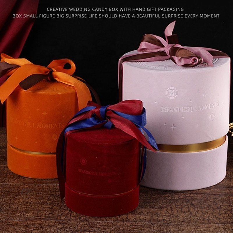 Luxury Invitation Velvet Candy Door Small Favors Gift Box Mini Round Honey Wedding Packaging Giftbox with Ribbon for Guest