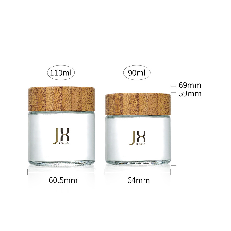 Custom Logo Printing 3 oz 4 oz Clear Childproof Glass Jar Packaging Container Child Resistant Bamboo Lid Cosmetic Jar