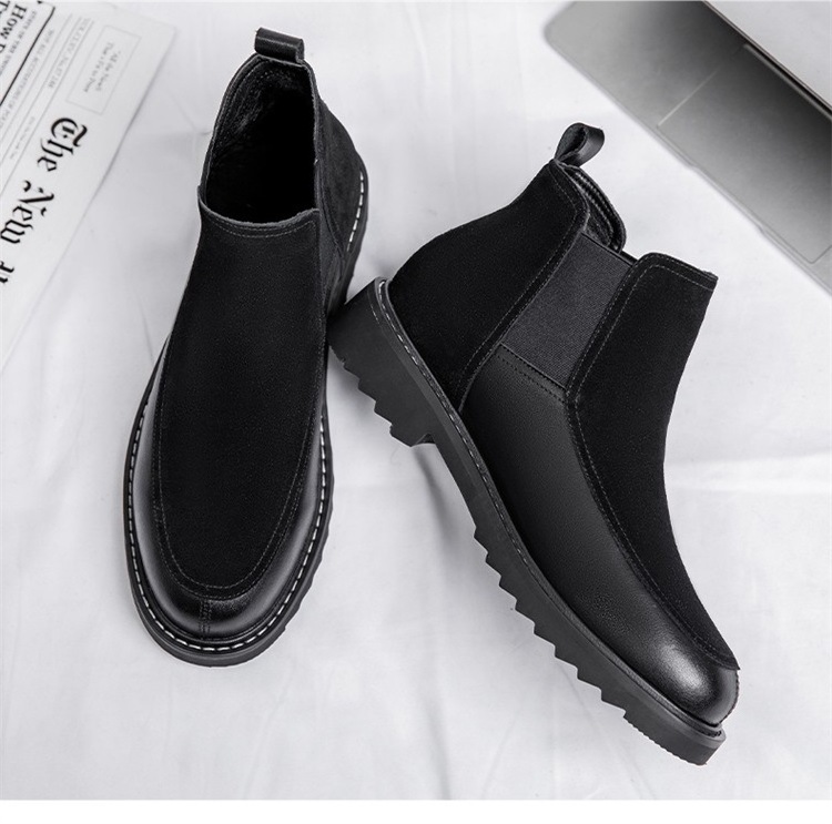 Men's winter leather English style Chelsea men's boots plus pile high top leather boots trend all-match boots men