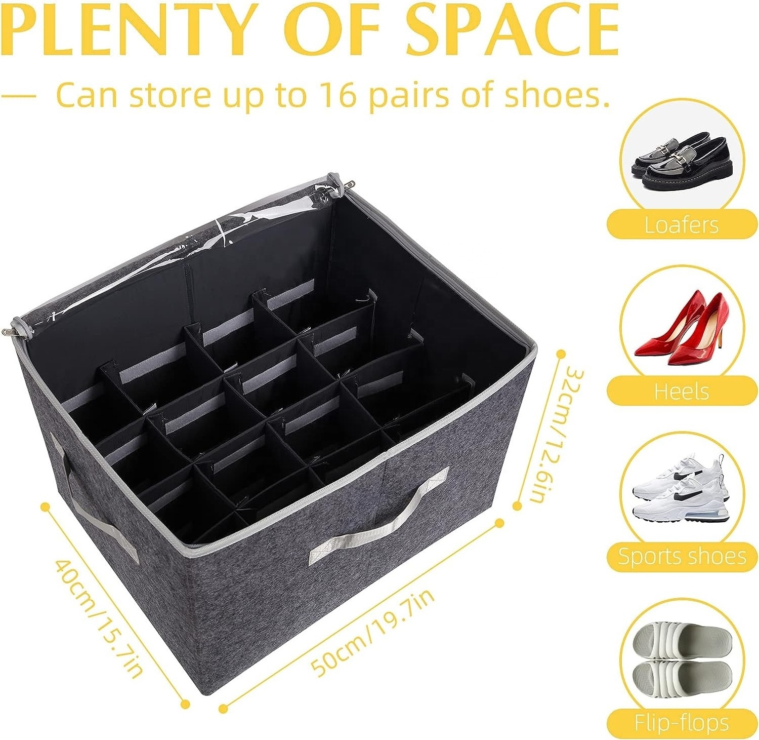 Large Capacity Foldable Clear Lid Premium Felt Shoe Storage Organizer with Adjustable Dividers for Closet Fits 16 Pairs Shoes