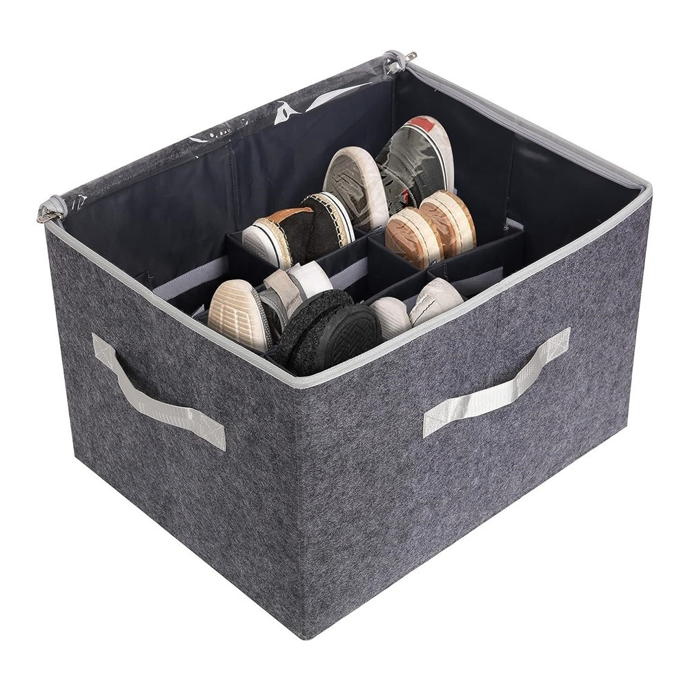 Large Capacity Foldable Clear Lid Premium Felt Shoe Storage Organizer with Adjustable Dividers for Closet Fits 16 Pairs Shoes