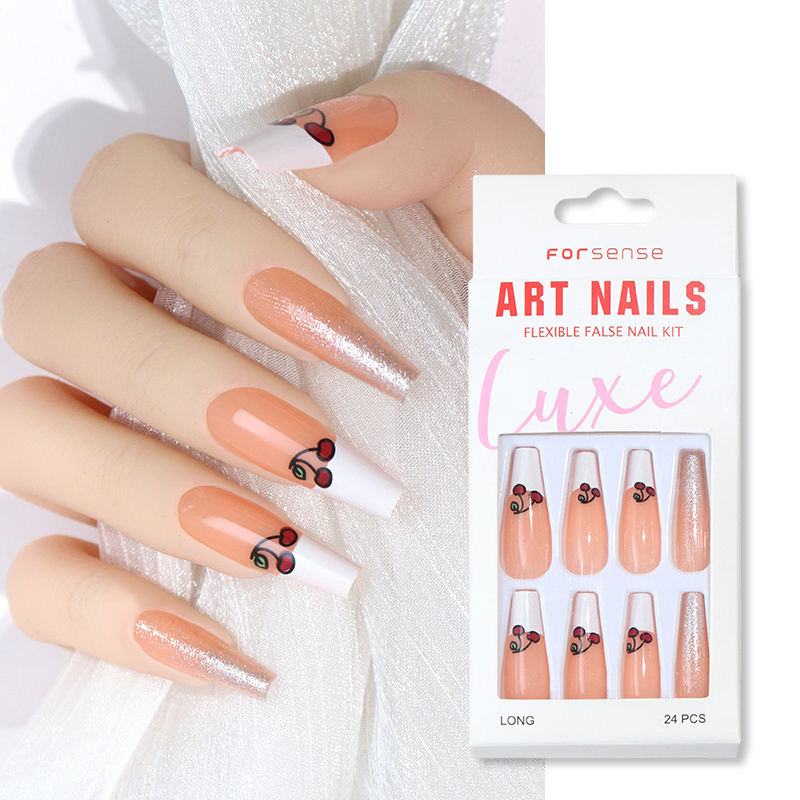 wholesale white french tip press on nails extra long acrylic xl coffin nail tips cherry fake nails with glue false nais stick on