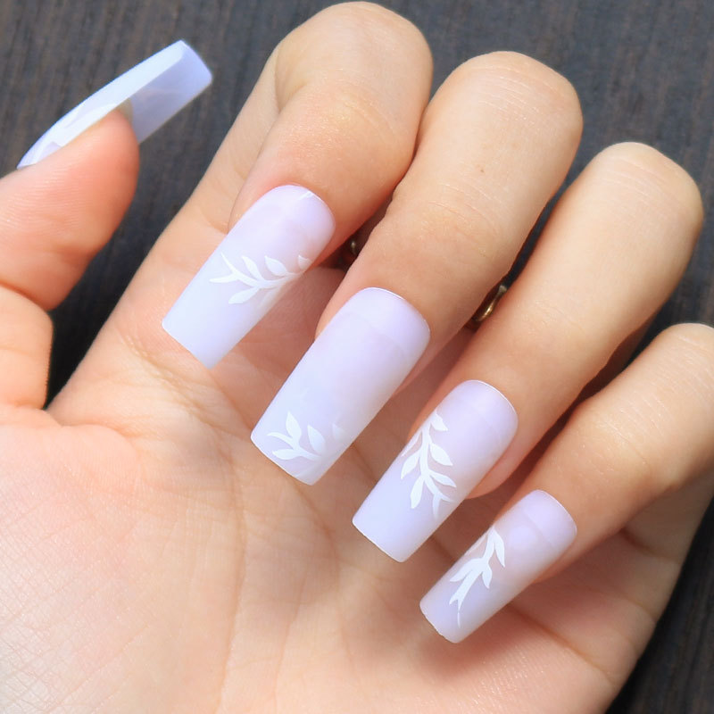 manufacturer custom design long square matte nail tips white floral press on nail kit high quality acrylic glue on nail stick on