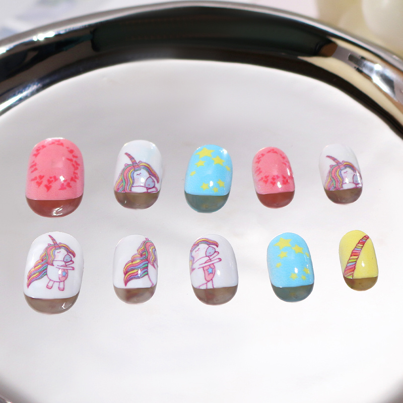 custom short unicorn press on nails for kids set non toxic acrylic children fake nail tips kids girls artificial nails stick on