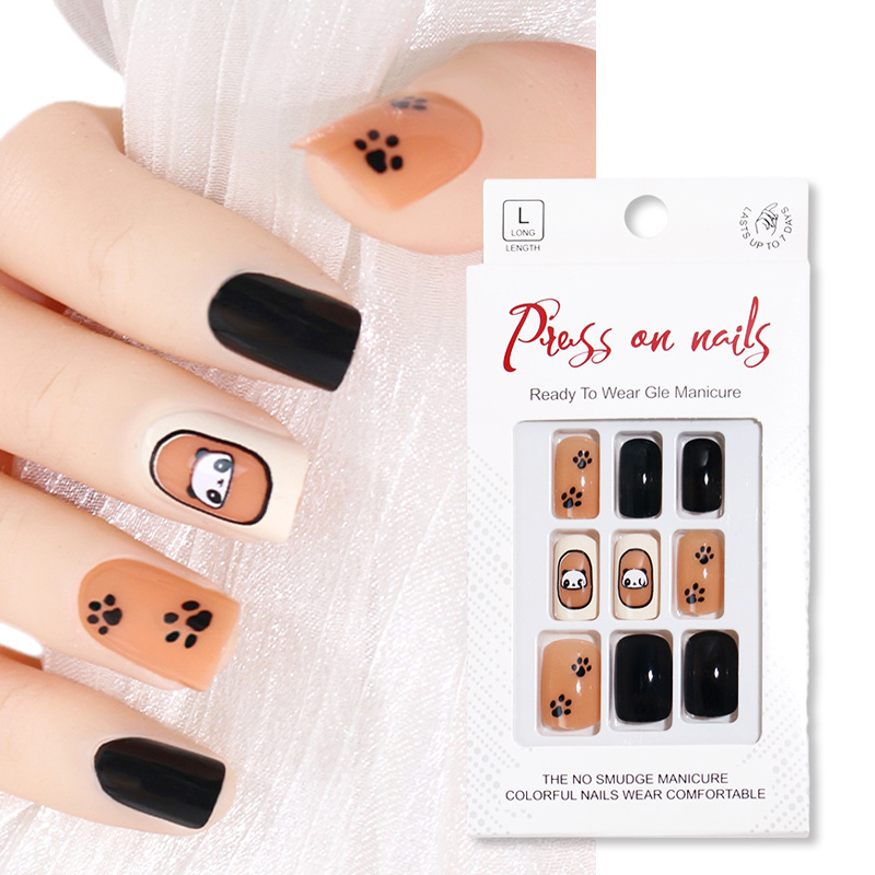 24 pcs set premade kawaii panda press on nails for wide fingers cute fake nails for girls wholesale square false nails with glue