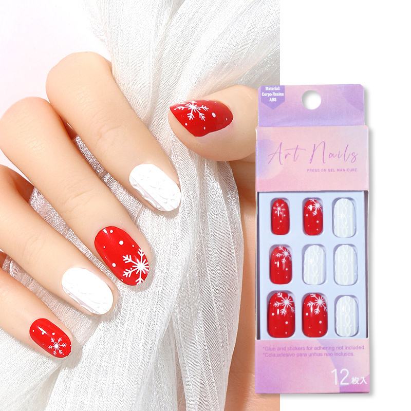 OEM custom design christmas snowflake acrylic press on nails red white artificial nails short oval 12 pcs fake nails wholesale