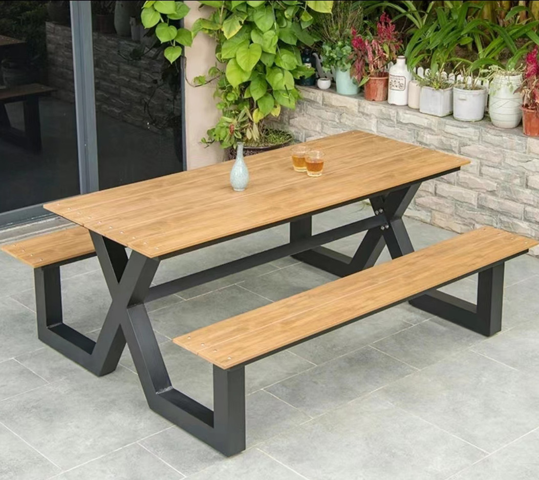 Outdoor plastic wood top seating table garden furniture set outside wooden aluminum outdoor picnic table and park bench