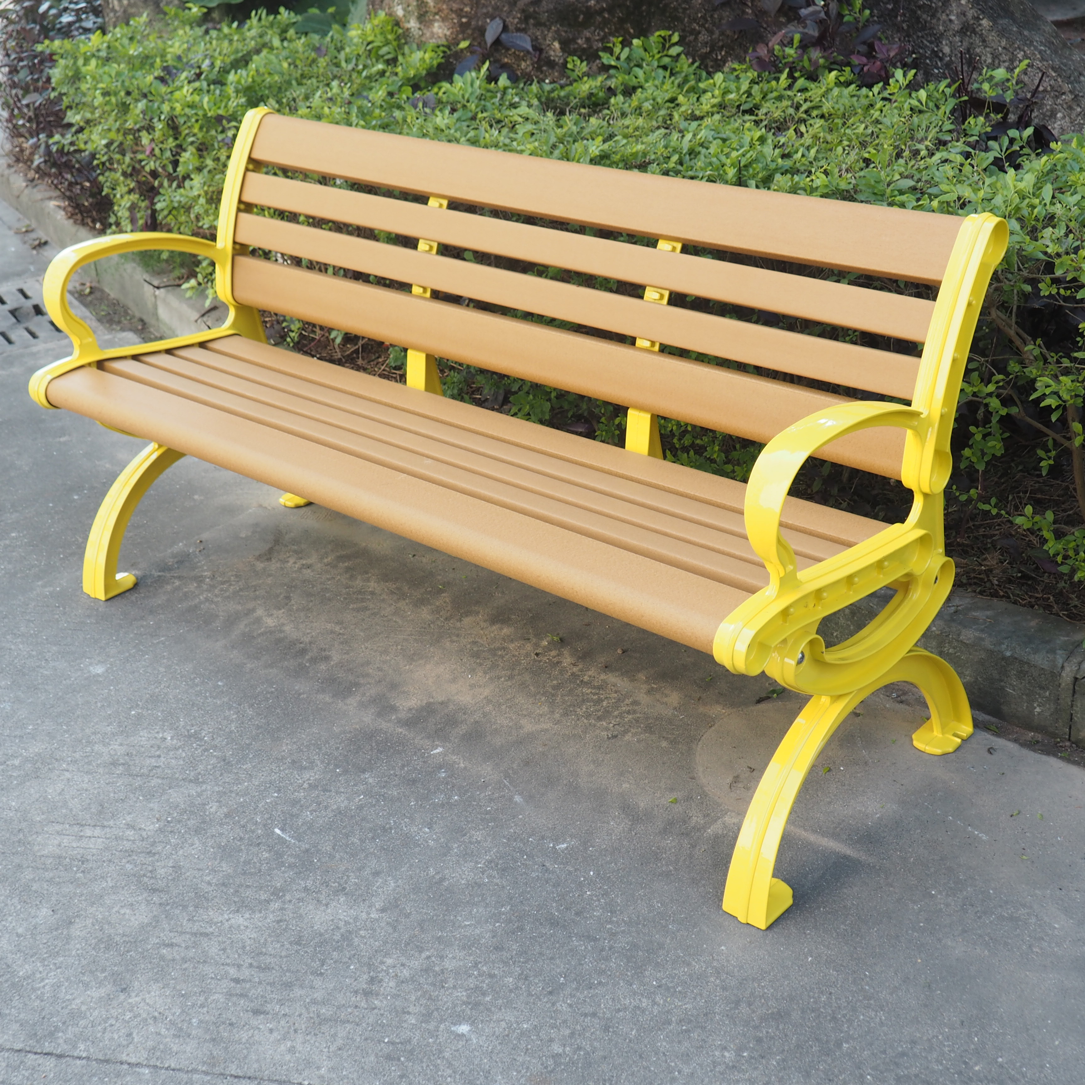 Plastic Hardwood slats and metal frame outdoor wooden garden park bench with backrest and armrests