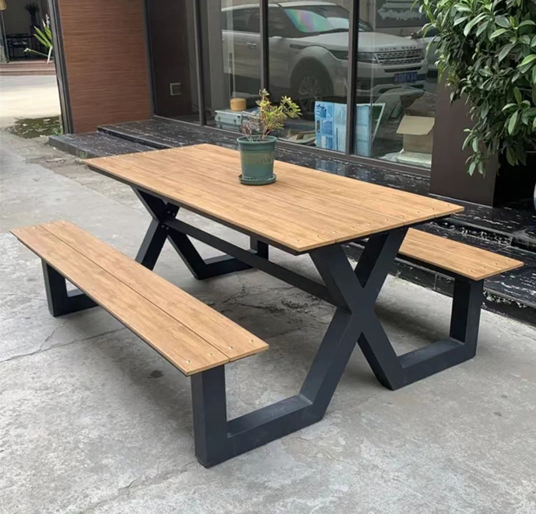 Outdoor plastic wood top seating table garden furniture set outside wooden aluminum outdoor picnic table and park bench