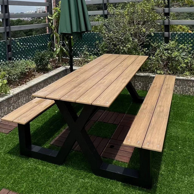 Outdoor plastic wood top seating table garden furniture set outside wooden aluminum outdoor picnic table and park bench