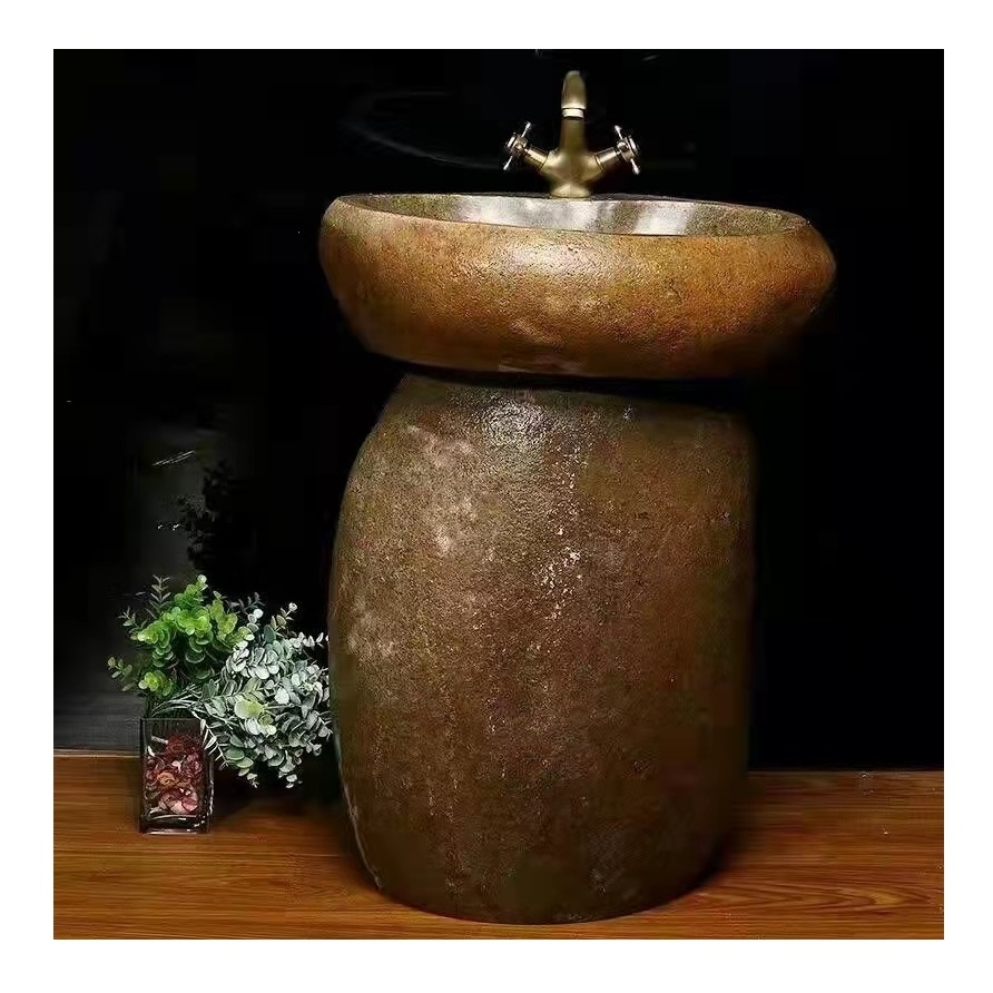 Natural River Rock Cobble Stone Farm House Bathroom Patio Bowls Sink Washbasin Pedestal