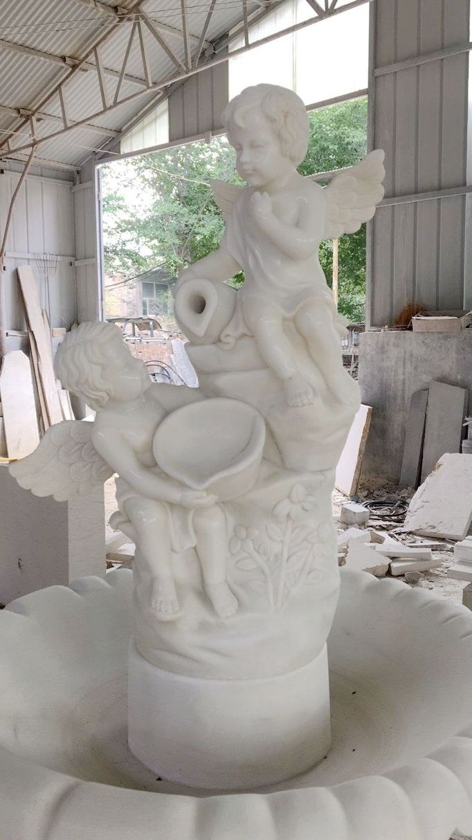 Outdoor Garden Decoration Natural White Marble Hand Carved Marvel Cherub Little Angel Water Fountain