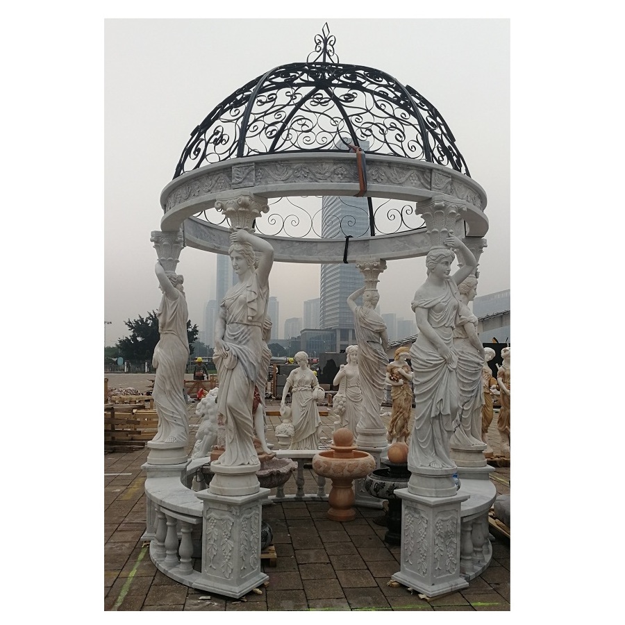 High Quality Outdoor Garden White Marble Stone Made Hand Carved European Life Size Statue Column Roman Round Pavilion Gazebos