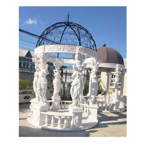 High Quality Outdoor Garden White Marble Stone Made Hand Carved European Life Size Statue Column Roman Round Pavilion Gazebos