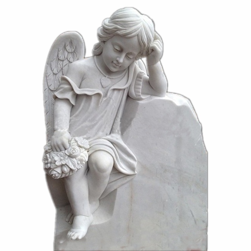 White Marble Carved Headstone Praying Hands Baby Angel Grave Tombstone