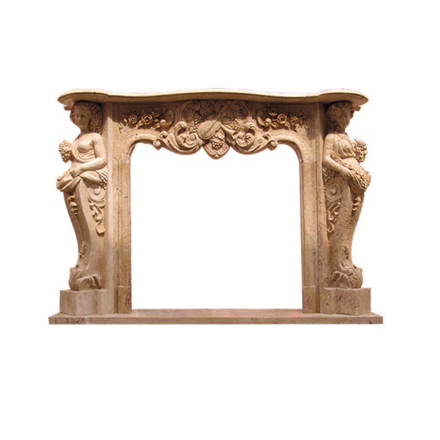 Yellow Travertine Marble Stone Woman Statues Freestanding Fireplace Surround Mantel Frame With Carvings