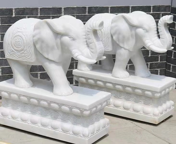 Outdoor Garden Patio Lawn Natural White Marble Stone Hand Carving Sculpture Animal Statue Indian Thailand Elephant Statue