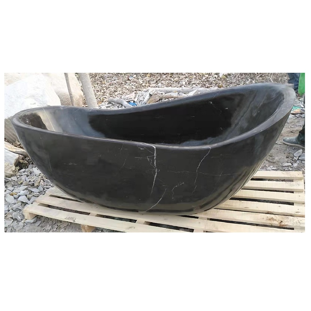 Luxury Stone Black Marquina Marble Bathroom Oval Bathtub Freestanding