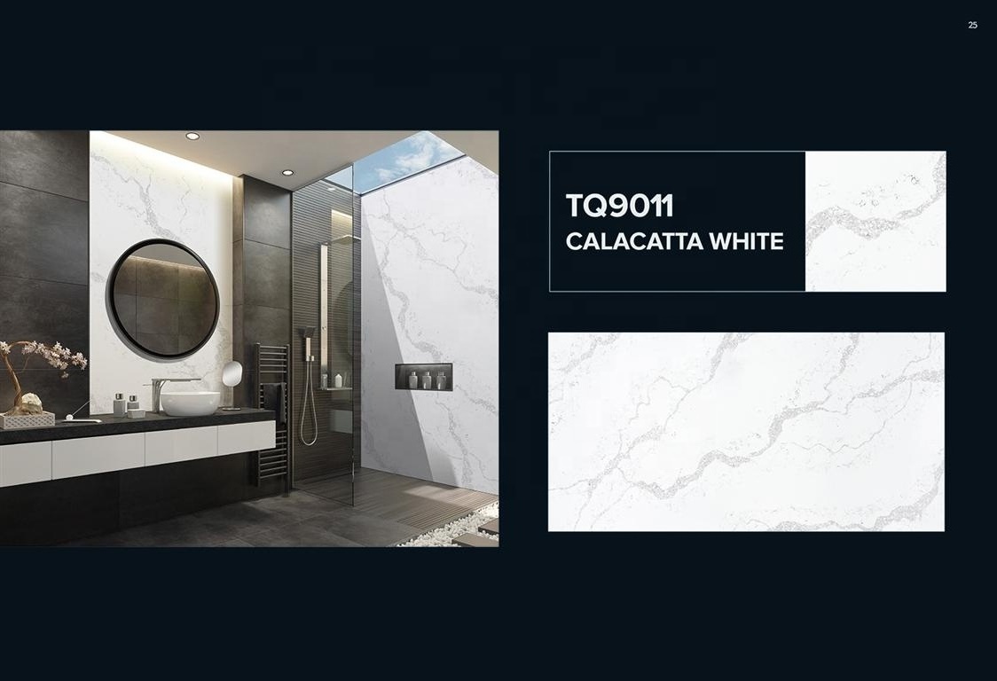 Calacatta White Quartz Stone Slab Hotel Bathroom Tiles Mirror Background Wall