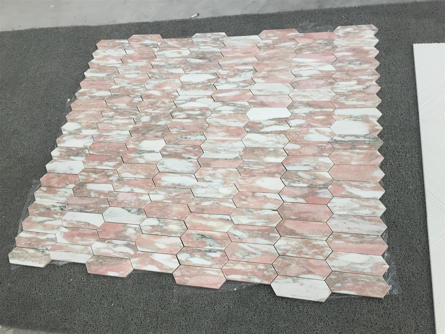 Manufacturer Prefab Pink Marble Strip Mosaic Tile With Marble Pattern For Wall Decoration