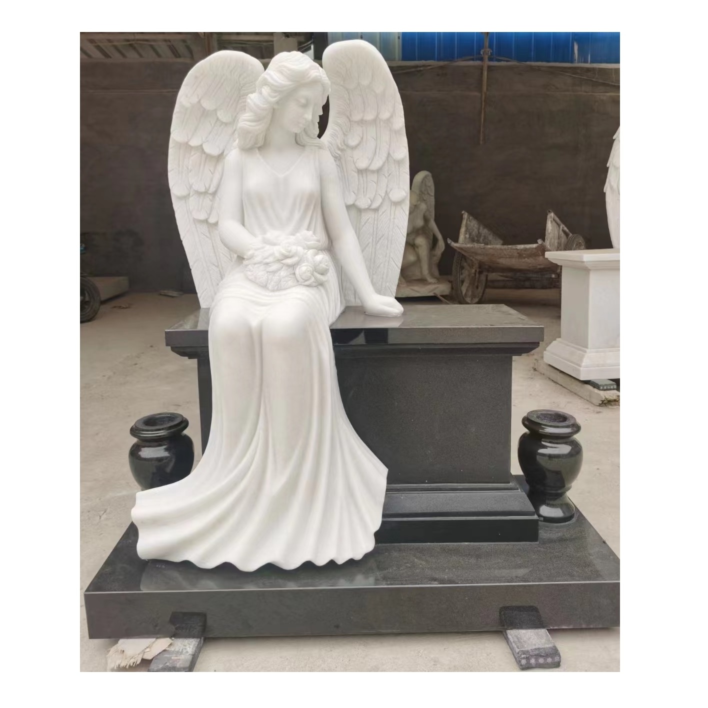 Granite Stone American Style Carved Single Upright Open Book Memorial Headstone With Vases