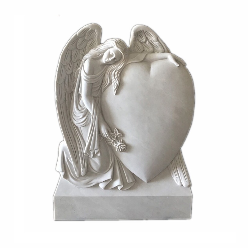 High Quality Natural White Marble Carving Angel Wing With Heart Headstones Tombstones