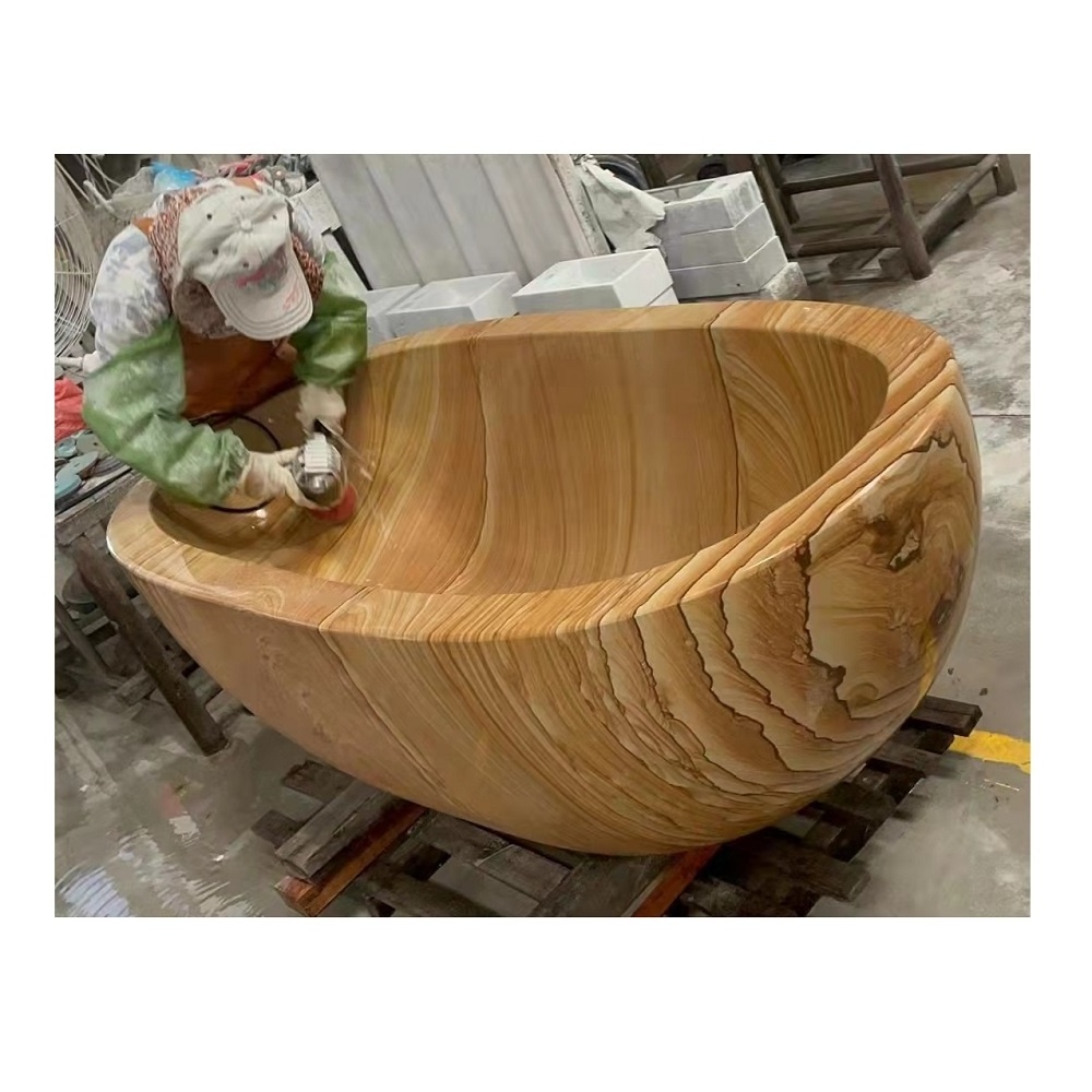 Hand Carved Free Standing Solid Marble Stone Bath Tub Natural Yellow Wood Grain Sandstone Freestanding Soaking Bathtub Bathroom