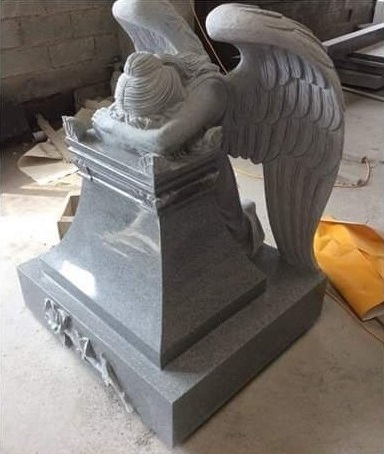 High Quality China Gray Granite Memorial Weeping Sleeping Angel Tombstone Gravestone Headstone For Cemetery