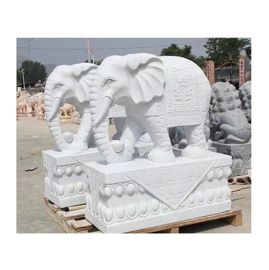 Outdoor Garden Patio Lawn Natural White Marble Stone Hand Carving Sculpture Animal Statue Indian Thailand Elephant Statue