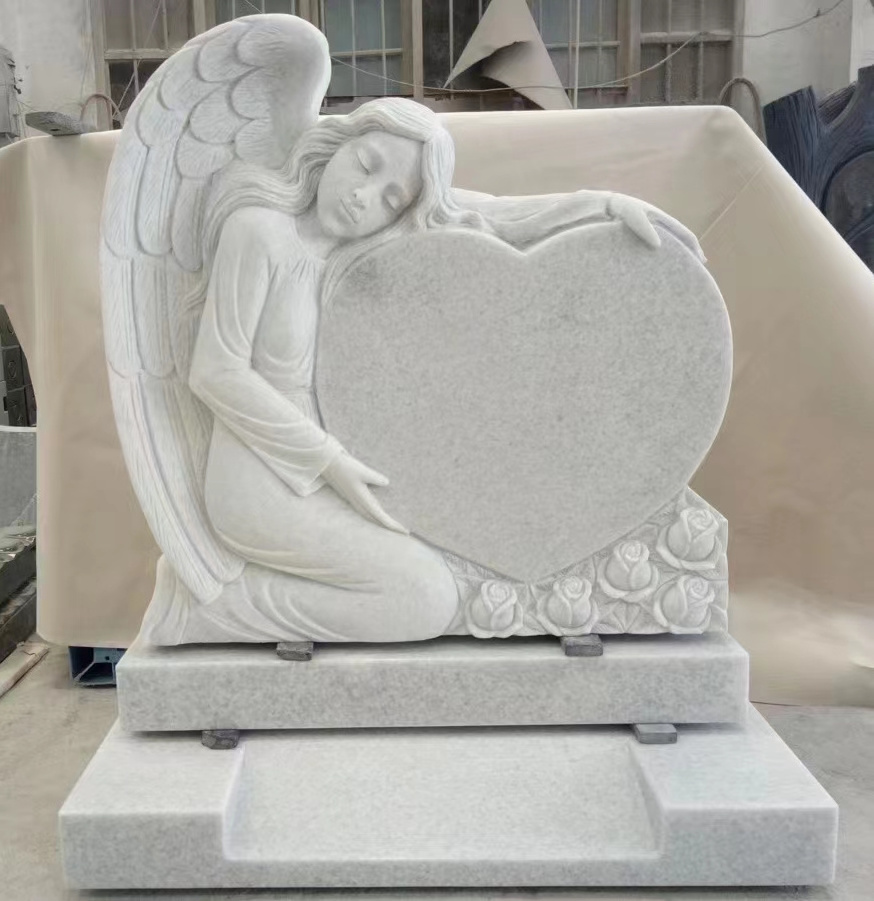 High Quality Natural White Marble Carving Angel Wing With Heart Headstones Tombstones