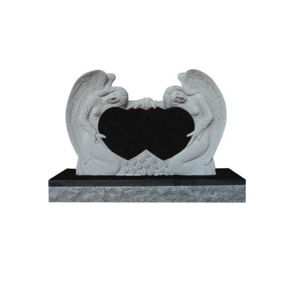 Black Granite Cemetery Engraving Double Angel With Double Heart Headstone And Monument Memorial Tombstone