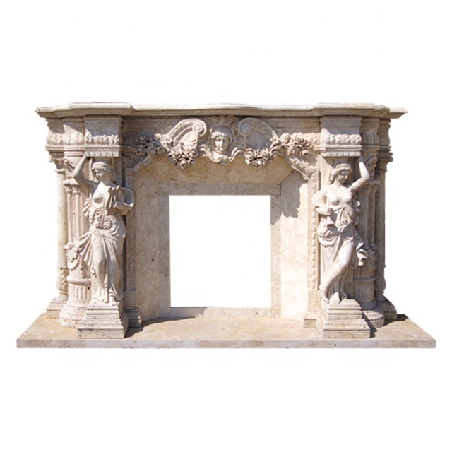 Yellow Travertine Marble Stone Woman Statues Freestanding Fireplace Surround Mantel Frame With Carvings