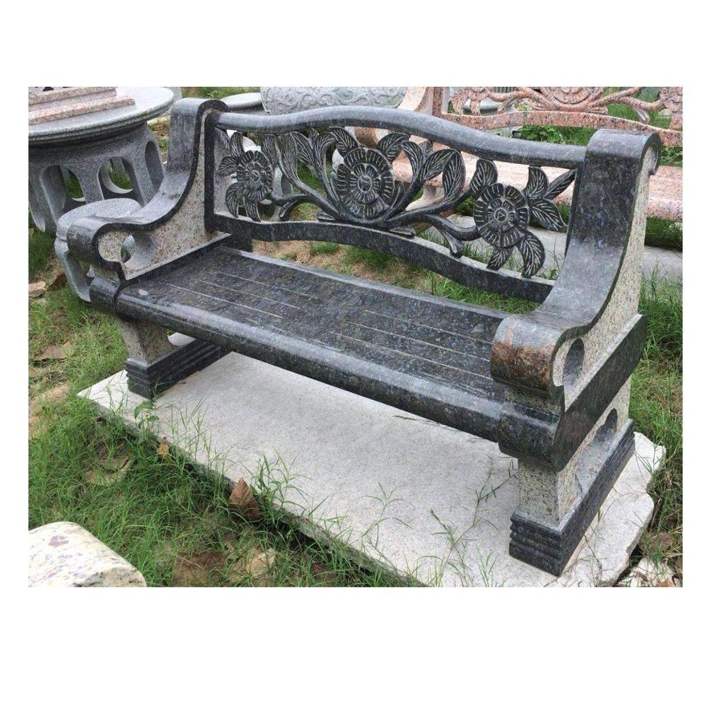 Chinese Style Outdoor Butterfly Blue Granite Garden Decoration with Flower Carving Stone Long Bench With Backrest