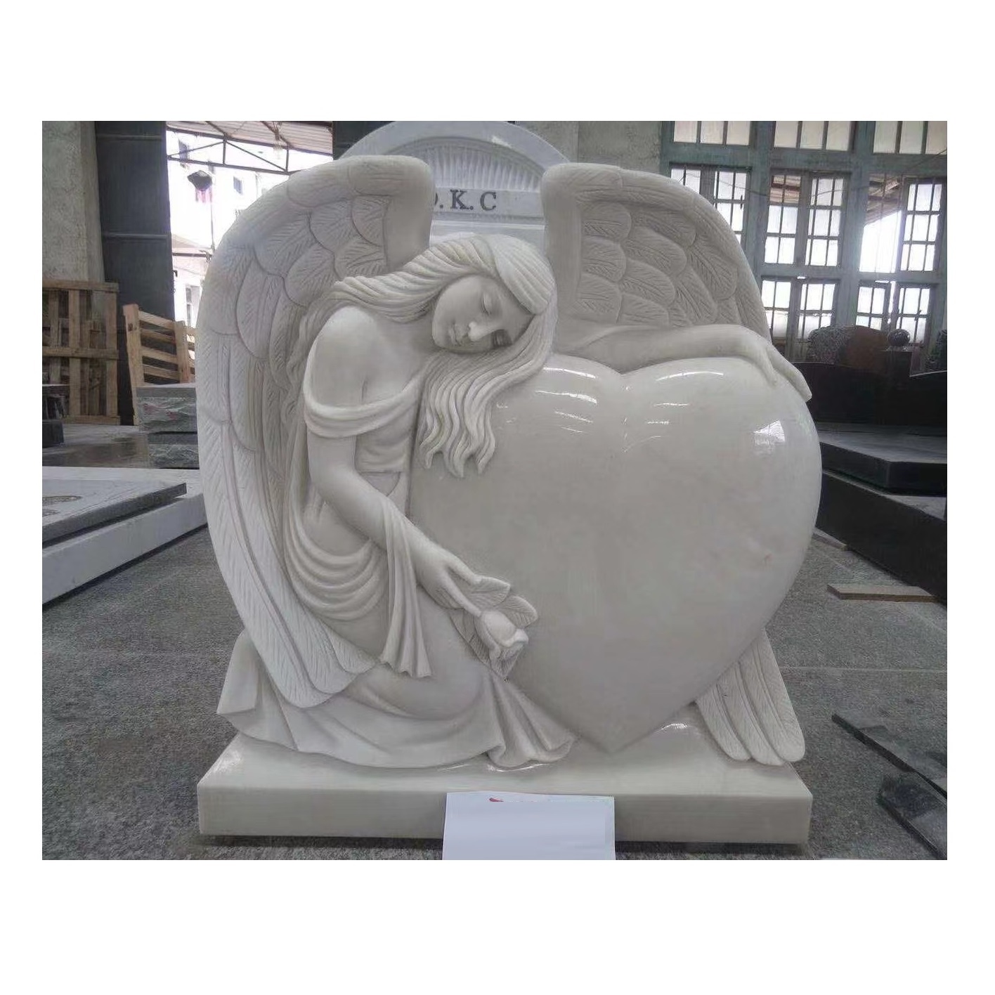 High Quality Natural White Marble Carving Angel Wing With Heart Headstones Tombstones