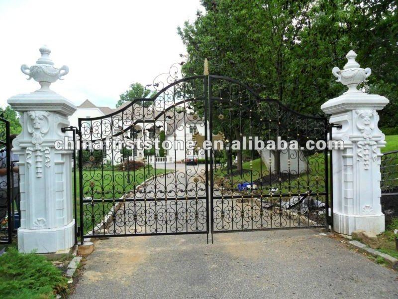 White Marble Stone Luxury Ornamental Decorative Outdoor Pillar Lights Gate Design