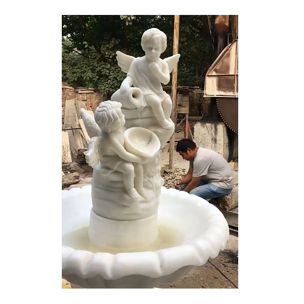 Outdoor Garden Decoration Natural White Marble Hand Carved Marvel Cherub Little Angel Water Fountain