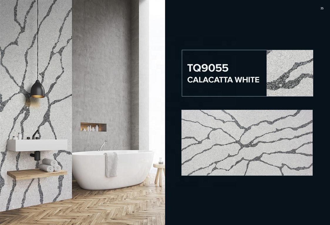 Calacatta White Quartz Stone Slab Hotel Bathroom Tiles Mirror Background Wall