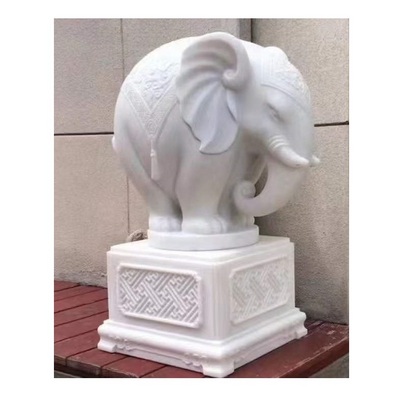 Outdoor Garden Patio Lawn Natural White Marble Stone Hand Carving Sculpture Animal Statue Indian Thailand Elephant Statue