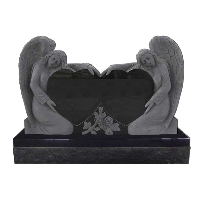 Black Granite Cemetery Engraving Double Angel With Double Heart Headstone And Monument Memorial Tombstone