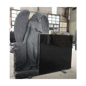 Natural Black Granite Headstone With Angel Wings Engrave Standing Beside Cemetery Headstone Tombstone Monument