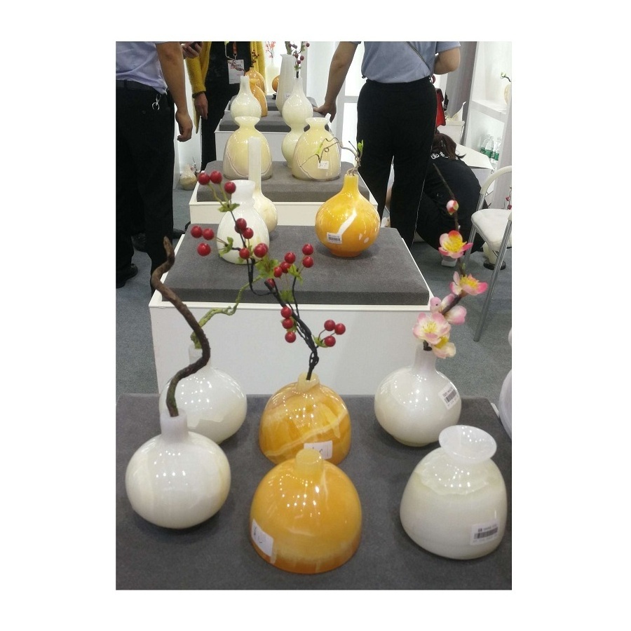 Home Decoration White Yellow Onyx Marble Stone Vase For Flowers